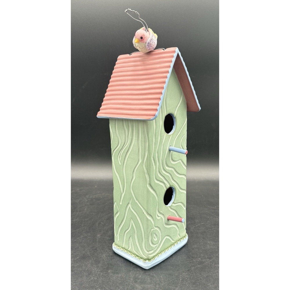 Homemade Ceramic Handpainted Pastel Birdhouse Decor With Bird On Top